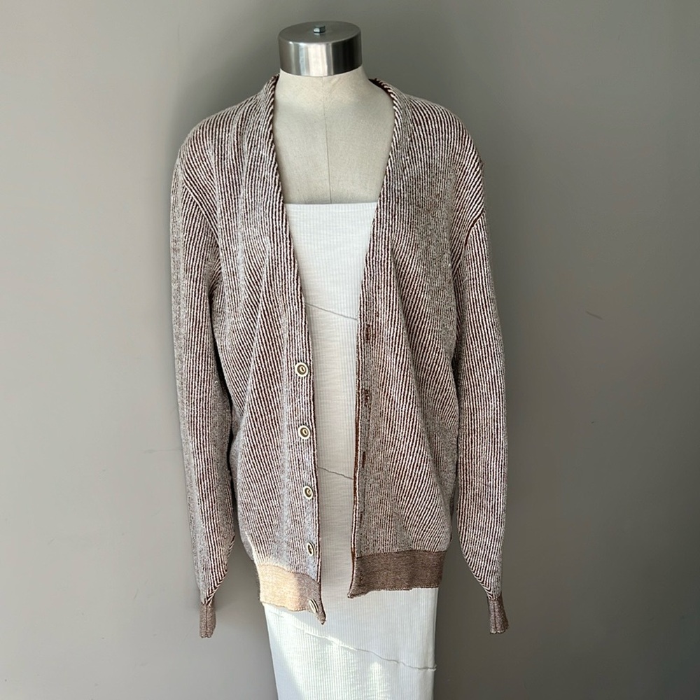 Vintage 1960s Gary Player Puritan Cardigan Sweater Taupe Striped